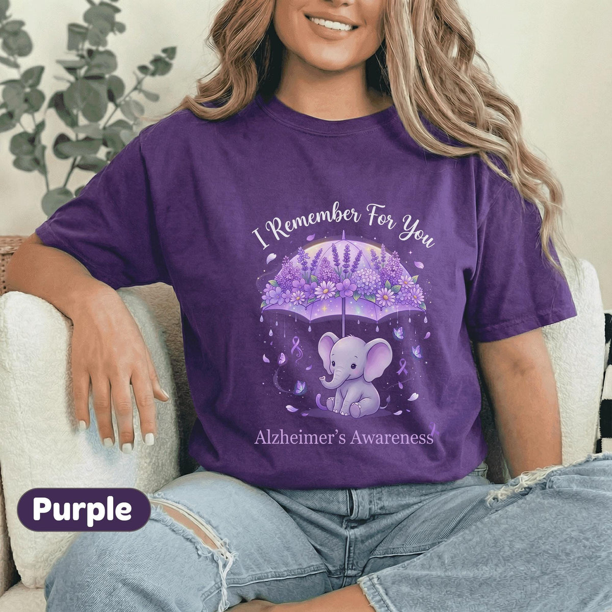 I Remember For You Alzheimer’s Awareness Shirt, Cute Purple Elephant Under Umbrella Tee
