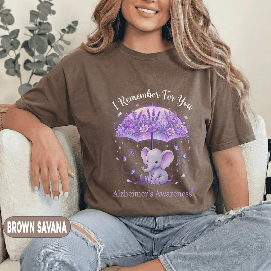 I Remember For You Alzheimer’s Awareness Shirt, Cute Purple Elephant Under Umbrella Tee, Dementia Support Gift, Caregiver Memory Shirt