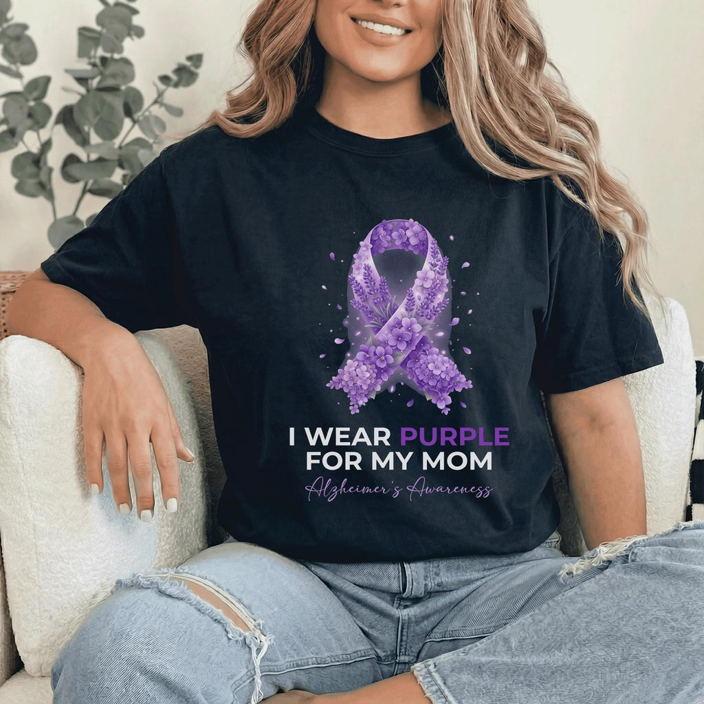 I Wear Purple for My Mom Alzheimer’s Awareness Shirt, Floral Purple Ribbon Support Tee