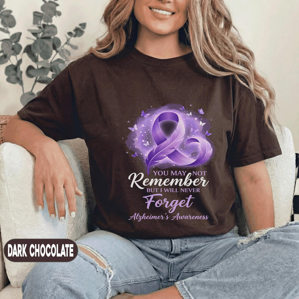 You May Not Remember But I Will Never Forget Alzheimer’s Awareness Shirt, Purple Ribbon Support Tee, Dementia Awareness Gift