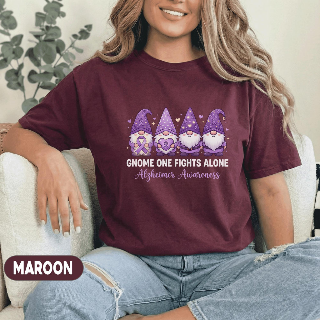 Gnome One Fights Alone Alzheimer’s Awareness Shirt, Cute Purple Gnome Ribbon Tee, Dementia Support Gift, Funny Awareness Shirt