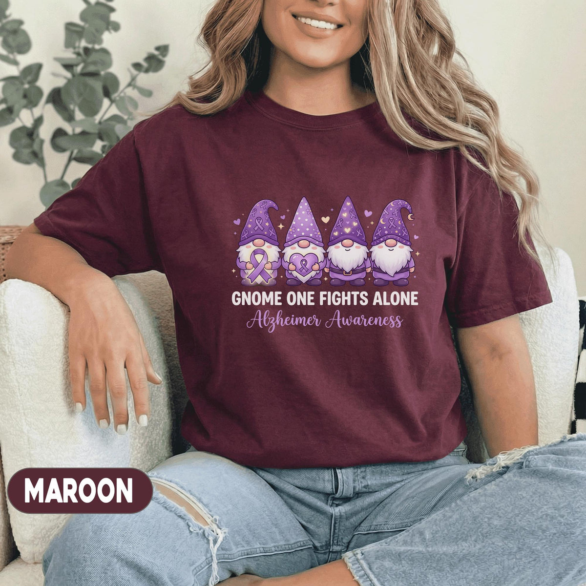 Gnome One Fights Alone Alzheimer’s Awareness Shirt, Cute Purple Gnome Ribbon Tee, Dementia Support Gift, Funny Awareness Shirt