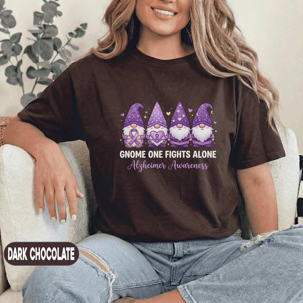 Gnome One Fights Alone Alzheimer’s Awareness Shirt, Cute Purple Gnome Ribbon Tee, Dementia Support Gift, Funny Awareness Shirt