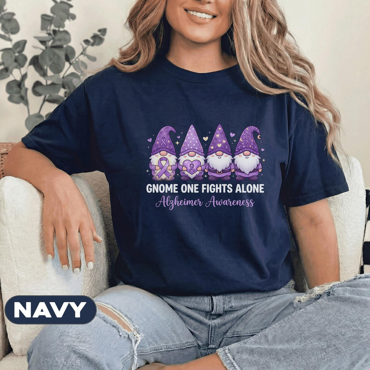 Gnome One Fights Alone Alzheimer’s Awareness Shirt, Cute Purple Gnome Ribbon Tee, Dementia Support Gift, Funny Awareness Shirt