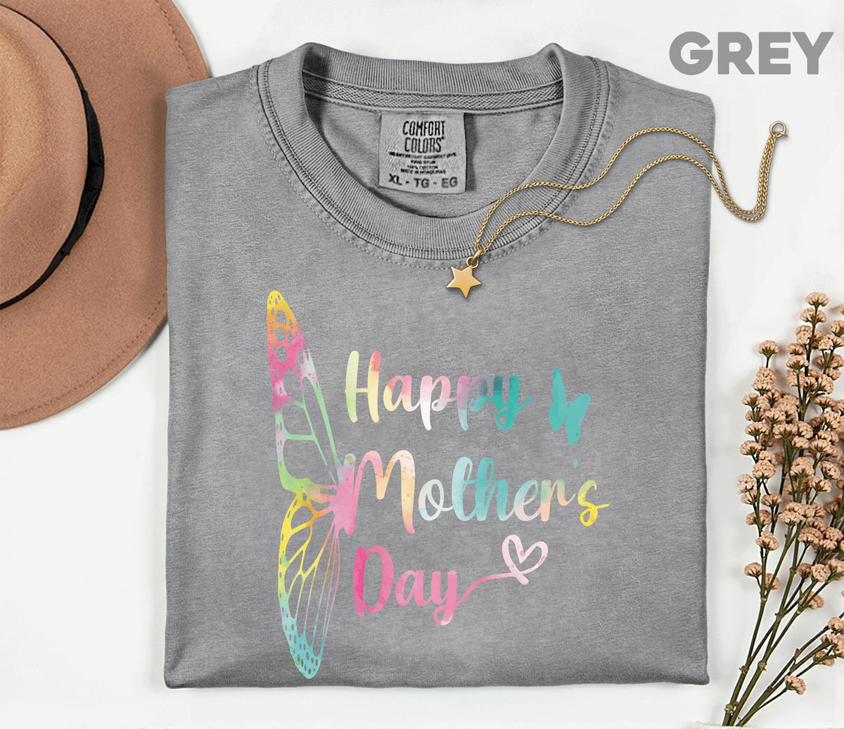 Comfort Colors Mothers Day Shirt, Happy Mothers Day Butterfly Tee, Pastel Rainbow Mom Gift, Cute Floral Mama T Shirt for Women