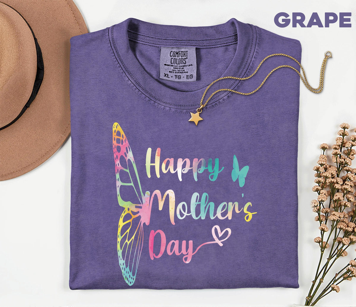 Comfort Colors Mothers Day Shirt, Happy Mothers Day Butterfly Tee, Pastel Rainbow Mom Gift, Cute Floral Mama T Shirt for Women
