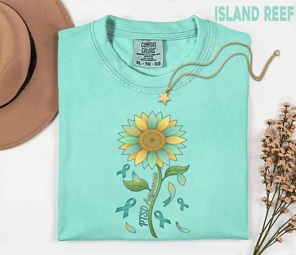 Comfort Colors PTSD Awareness Shirt, Teal Ribbon Sunflower Tee, Mental Health Support Shirt, Trauma Survivor Gift, Unisex