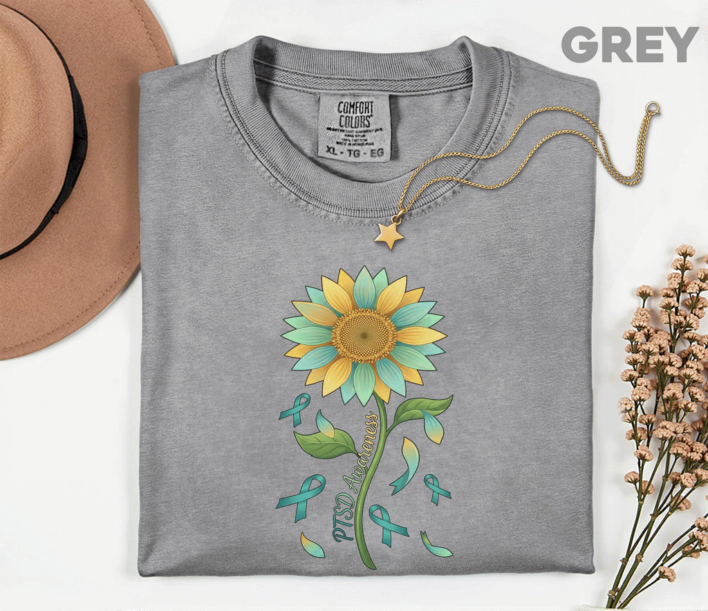 Comfort Colors PTSD Awareness Shirt, Teal Ribbon Sunflower Tee, Mental Health Support Shirt, Trauma Survivor Gift, Unisex
