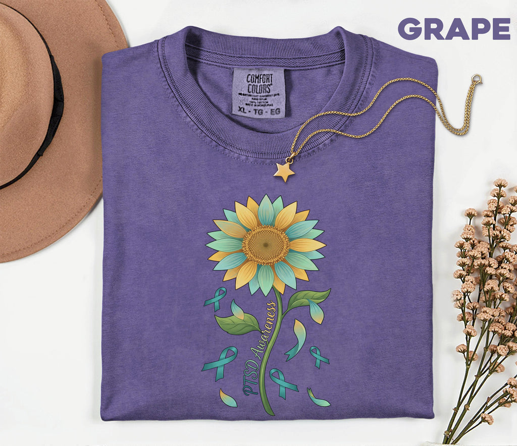 Comfort Colors PTSD Awareness Shirt, Teal Ribbon Sunflower Tee, Mental Health Support Shirt, Trauma Survivor Gift, Unisex
