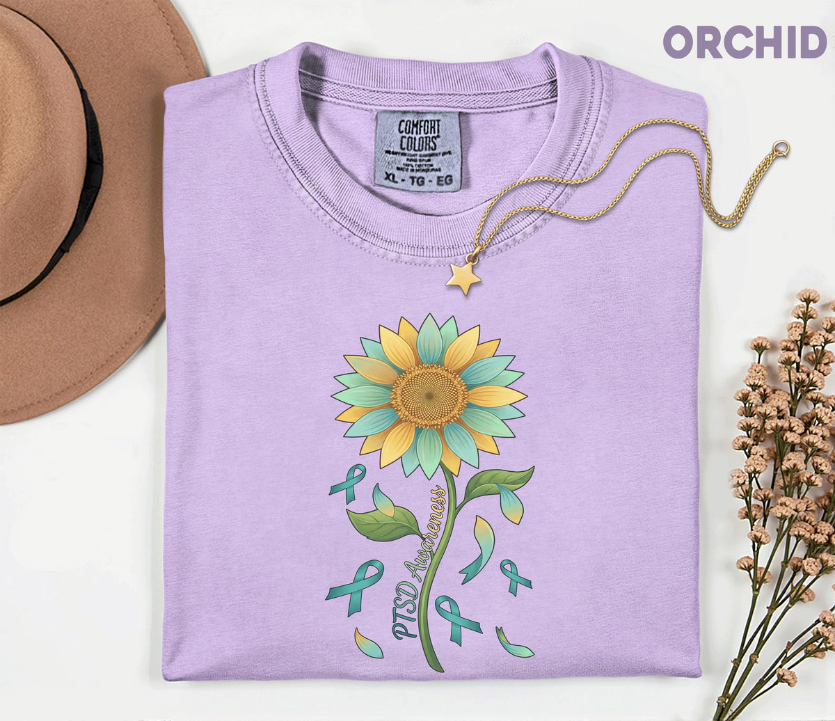 Comfort Colors PTSD Awareness Shirt, Teal Ribbon Sunflower Tee, Mental Health Support Shirt, Trauma Survivor Gift, Unisex