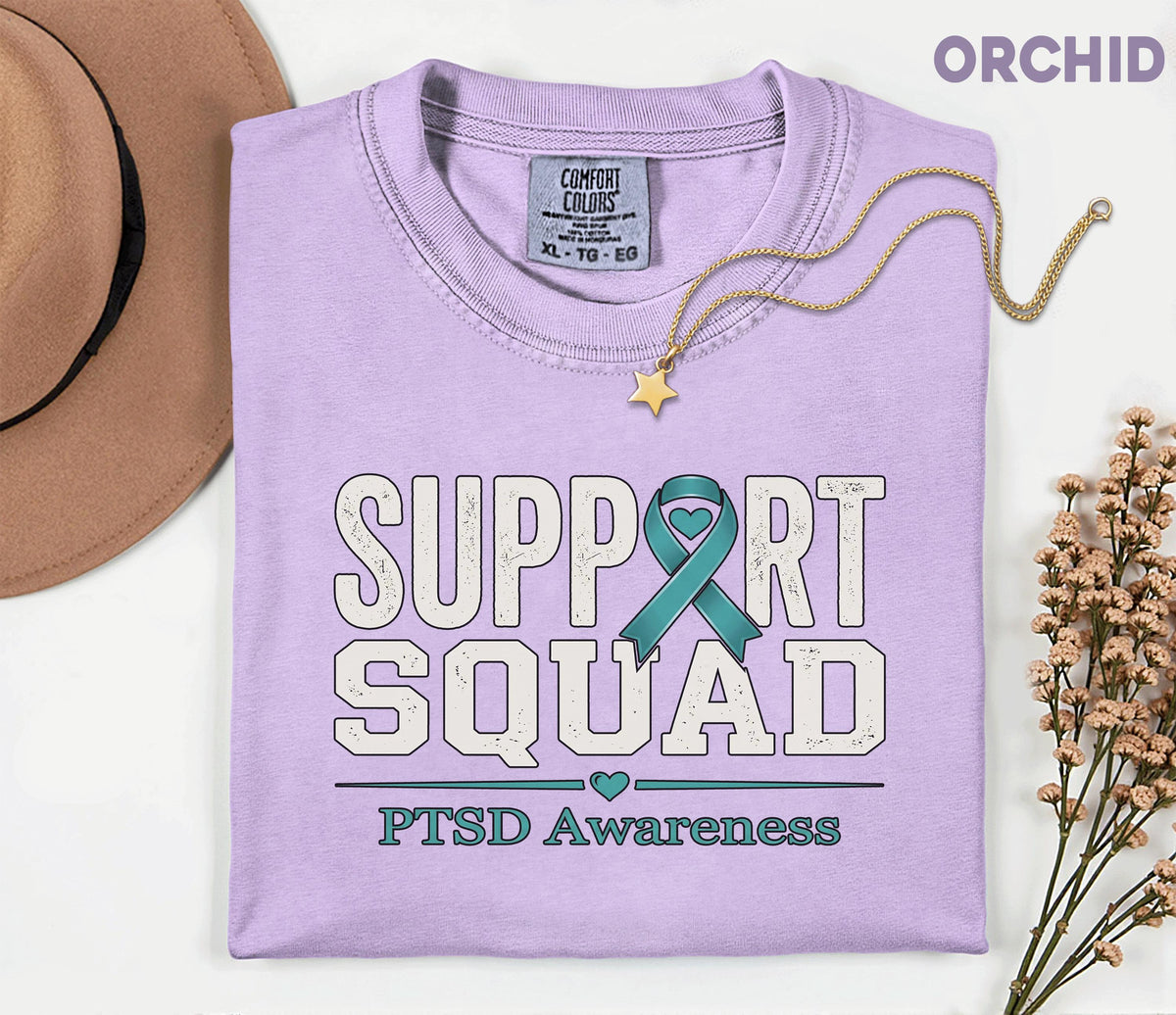 Comfort Colors PTSD Awareness Support Squad Shirt, Matching Teal Ribbon Mental Health Tee, Team Trauma Survivor Support Gift, Advocacy Shirt