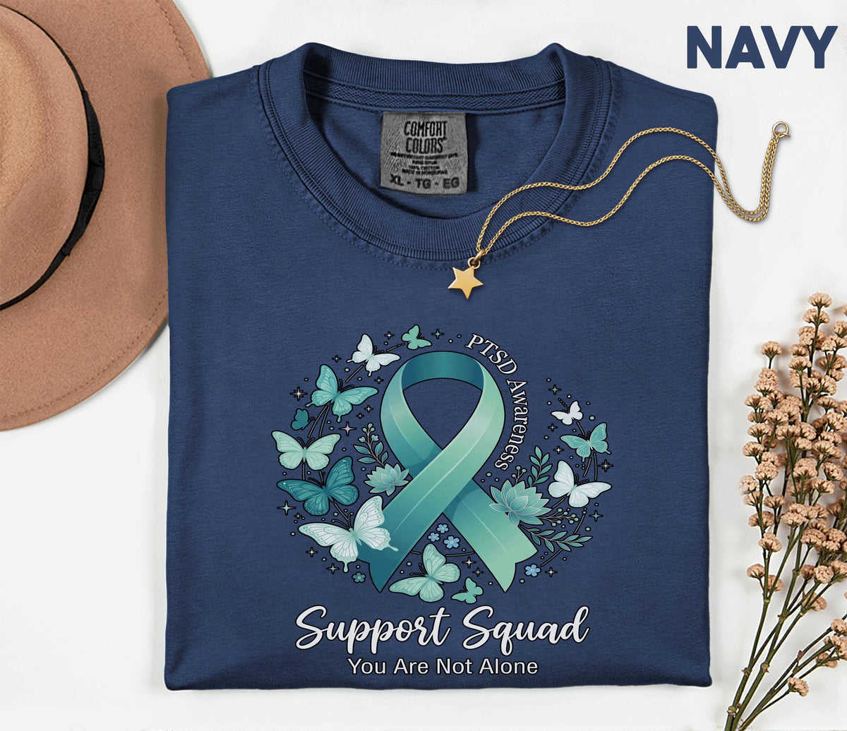Comfort Colors® PTSD Awareness Support Squad Shirt, Matching Teal Ribbon Butterfly Mental Health Tee, Group Trauma Survivor Support Gift