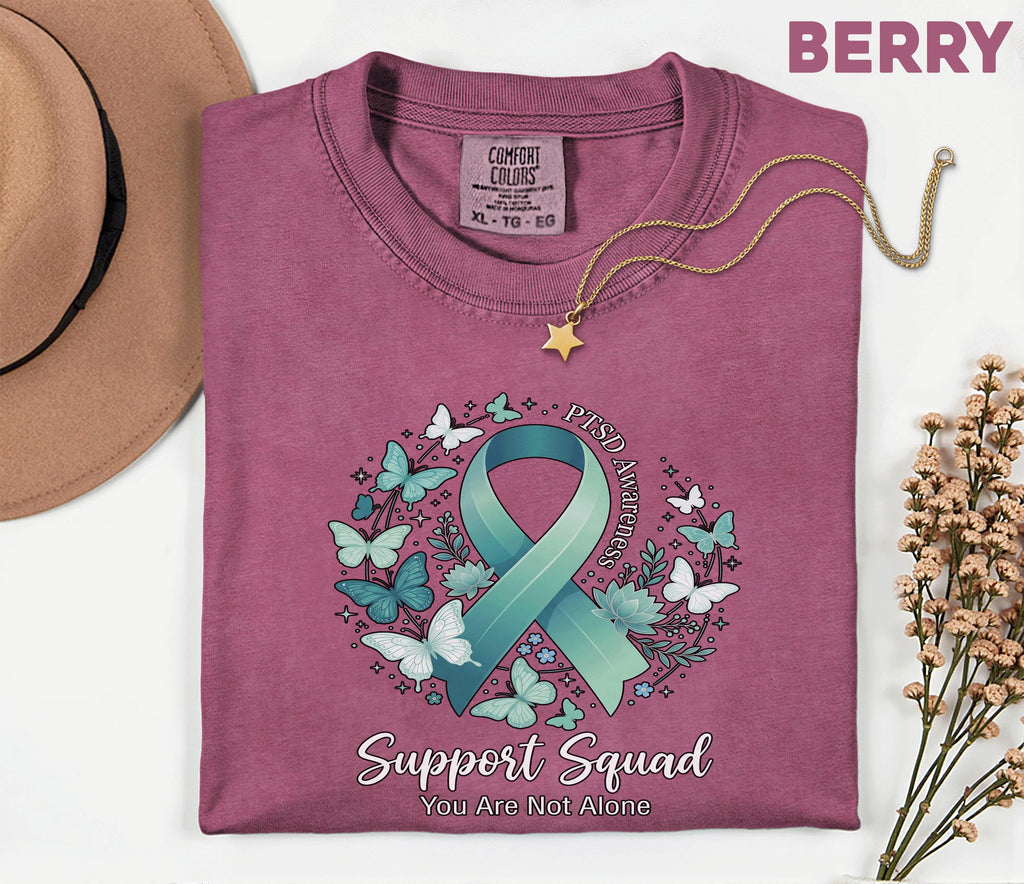 Comfort Colors® PTSD Awareness Support Squad Shirt, Matching Teal Ribbon Butterfly Mental Health Tee, Group Trauma Survivor Support Gift
