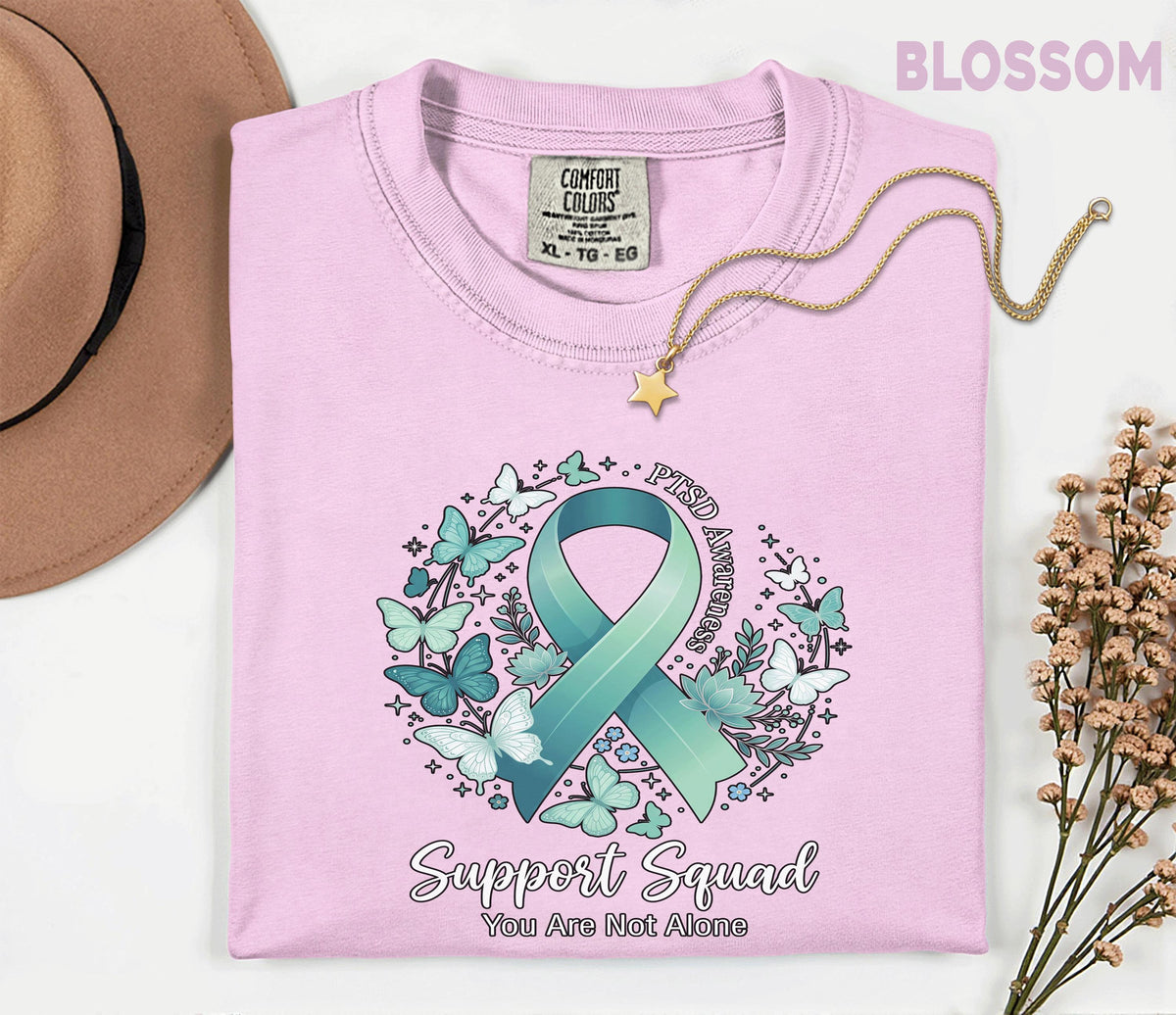 Comfort Colors® PTSD Awareness Support Squad Shirt, Matching Teal Ribbon Butterfly Mental Health Tee, Group Trauma Survivor Support Gift