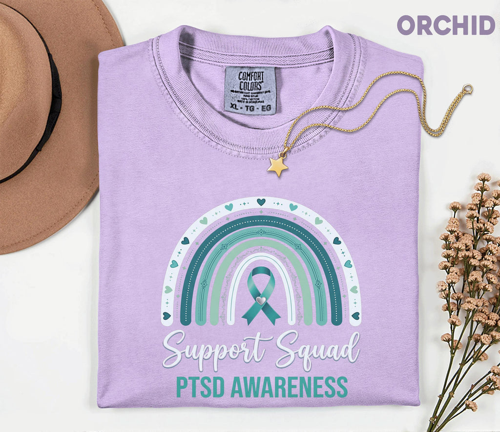 Team Comfort Colors® PTSD Awareness Support Squad Shirt, Matching Teal Ribbon Rainbow Mental Health Tee, Group Trauma Survivor Support Gift