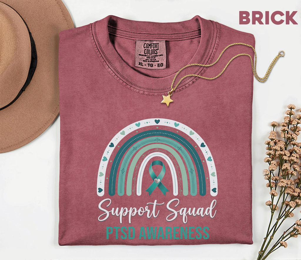 Team Comfort Colors® PTSD Awareness Support Squad Shirt, Matching Teal Ribbon Rainbow Mental Health Tee, Group Trauma Survivor Support Gift