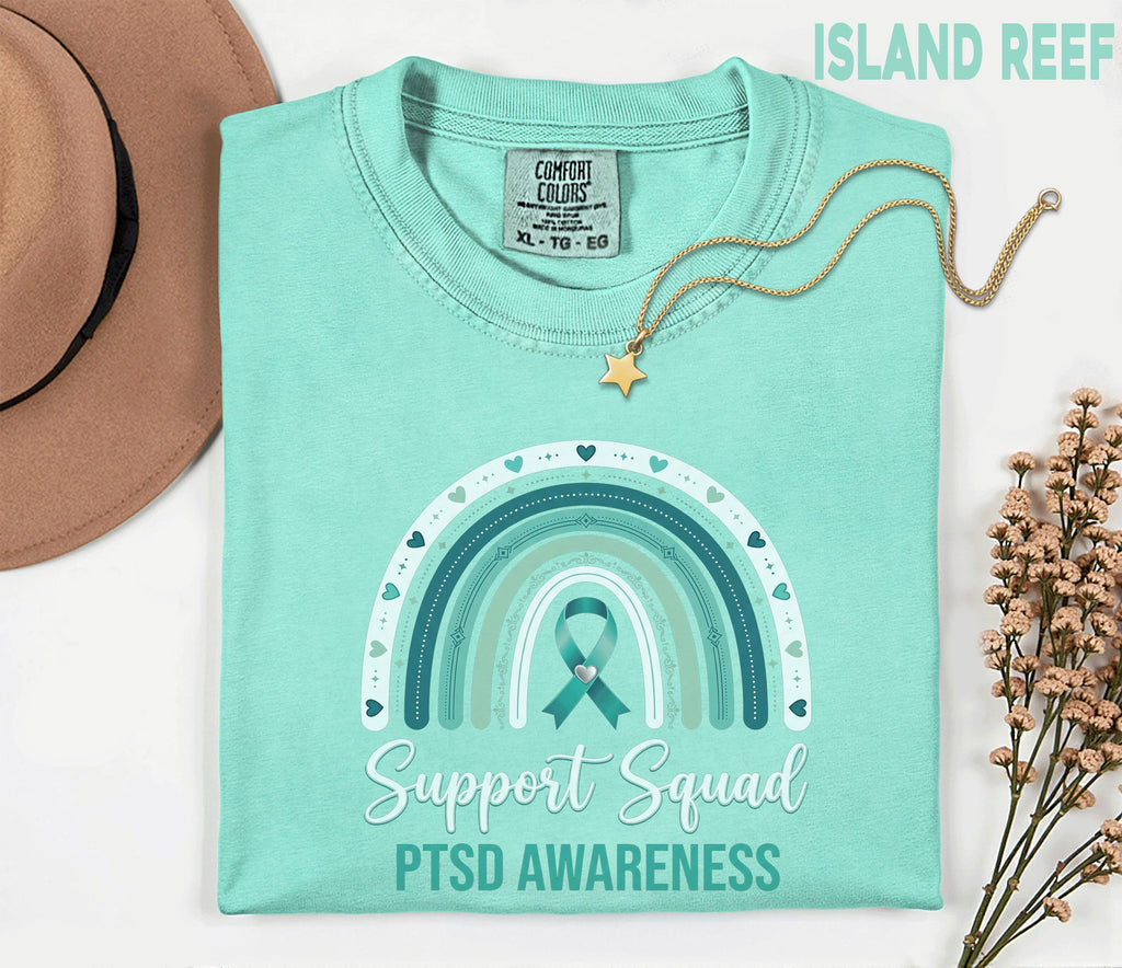 Team Comfort Colors® PTSD Awareness Support Squad Shirt, Matching Teal Ribbon Rainbow Mental Health Tee, Group Trauma Survivor Support Gift