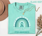 Team Comfort Colors® PTSD Awareness Support Squad Shirt, Matching Teal Ribbon Rainbow Mental Health Tee, Group Trauma Survivor Support Gift