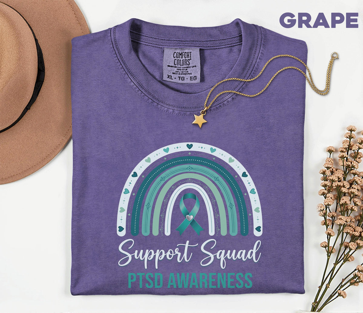 Team Comfort Colors® PTSD Awareness Support Squad Shirt, Matching Teal Ribbon Rainbow Mental Health Tee, Group Trauma Survivor Support Gift