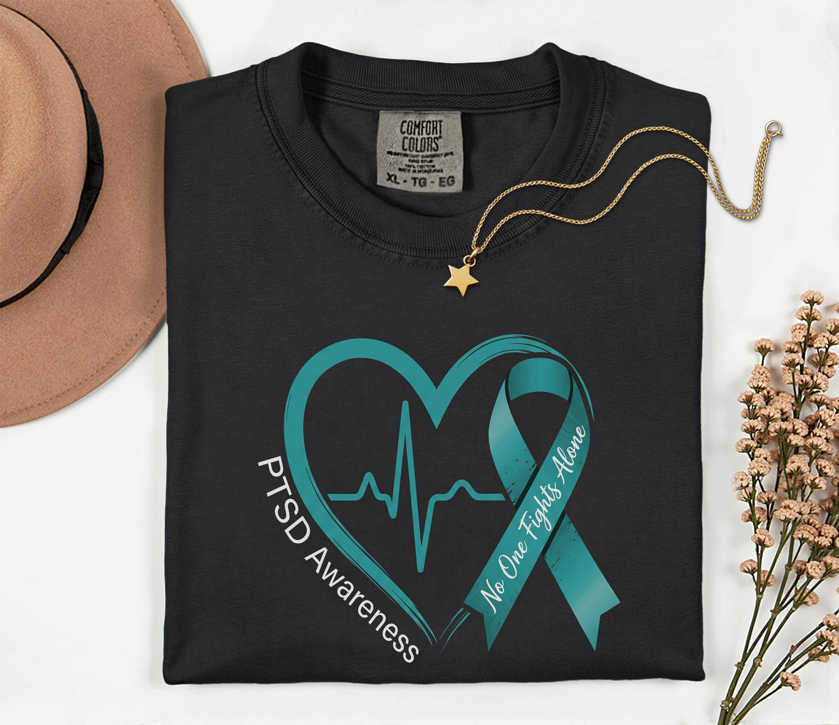 Comfort Colors® PTSD Awareness Shirt, Teal Ribbon Heartbeat Tee, No One Fights Alone Mental Health Support Shirt, Trauma Survivor Gift