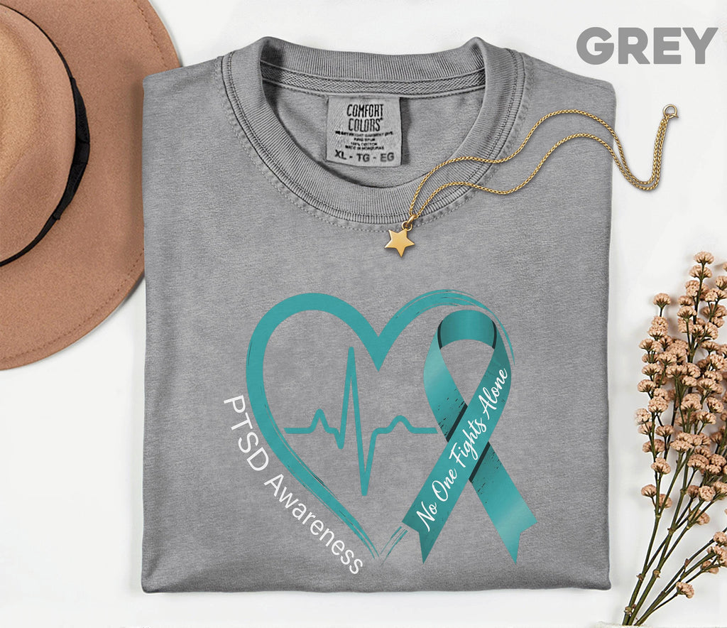 Comfort Colors® PTSD Awareness Shirt, Teal Ribbon Heartbeat Tee, No One Fights Alone Mental Health Support Shirt, Trauma Survivor Gift