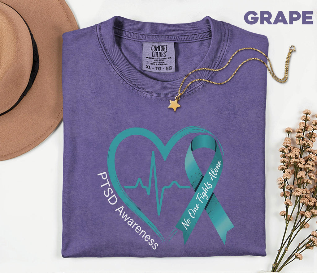 Comfort Colors® PTSD Awareness Shirt, Teal Ribbon Heartbeat Tee, No One Fights Alone Mental Health Support Shirt, Trauma Survivor Gift