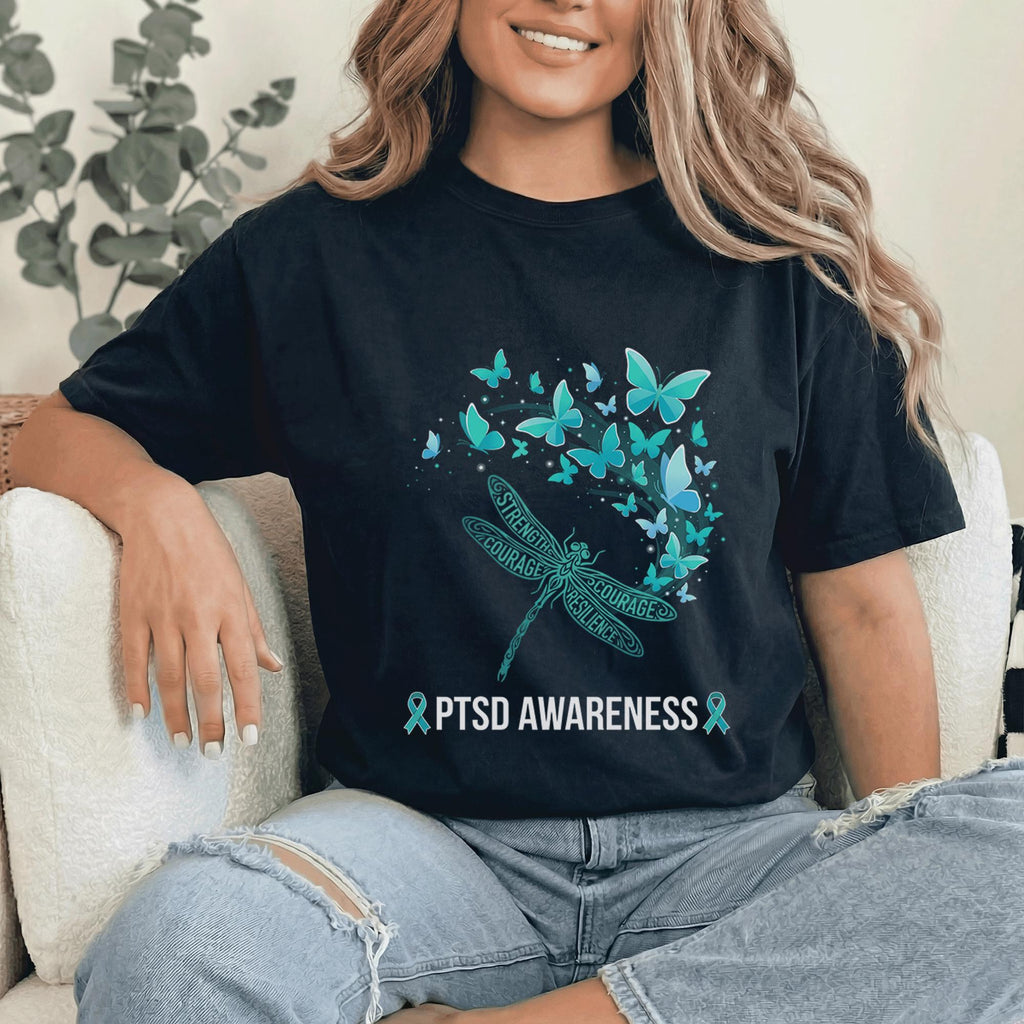 PTSD Awareness Dragonfly Shirt, Teal Ribbon Mental Health T-Shirt, Strength Courage Resilience Tee, Butterfly Survivor Support Gift