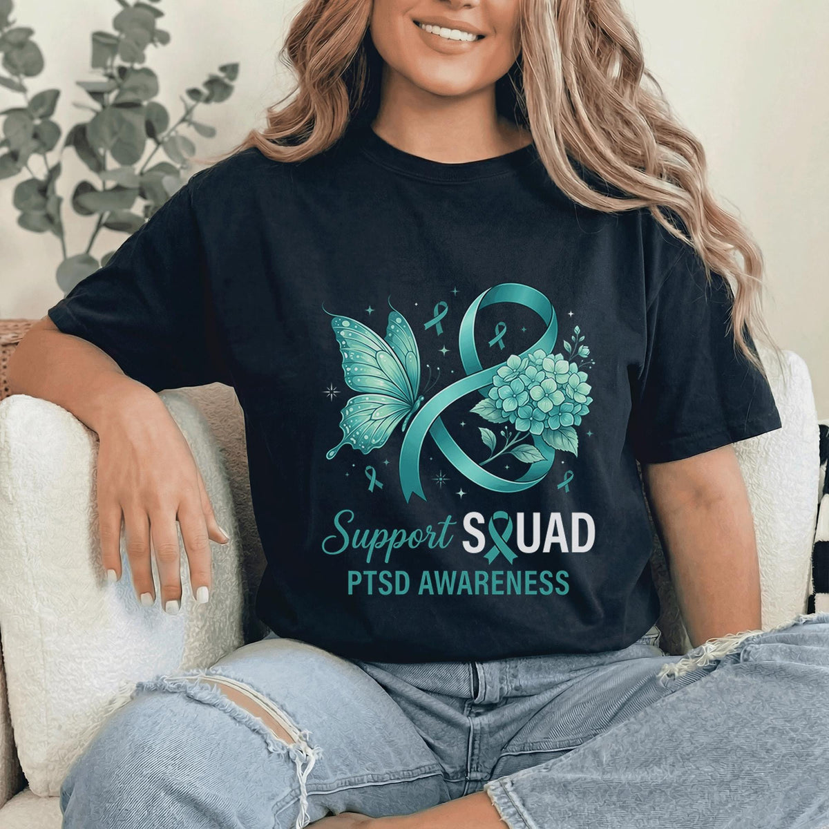 PTSD Awareness Support Squad Shirt, Teal Ribbon Butterfly Mental Health T-Shirt