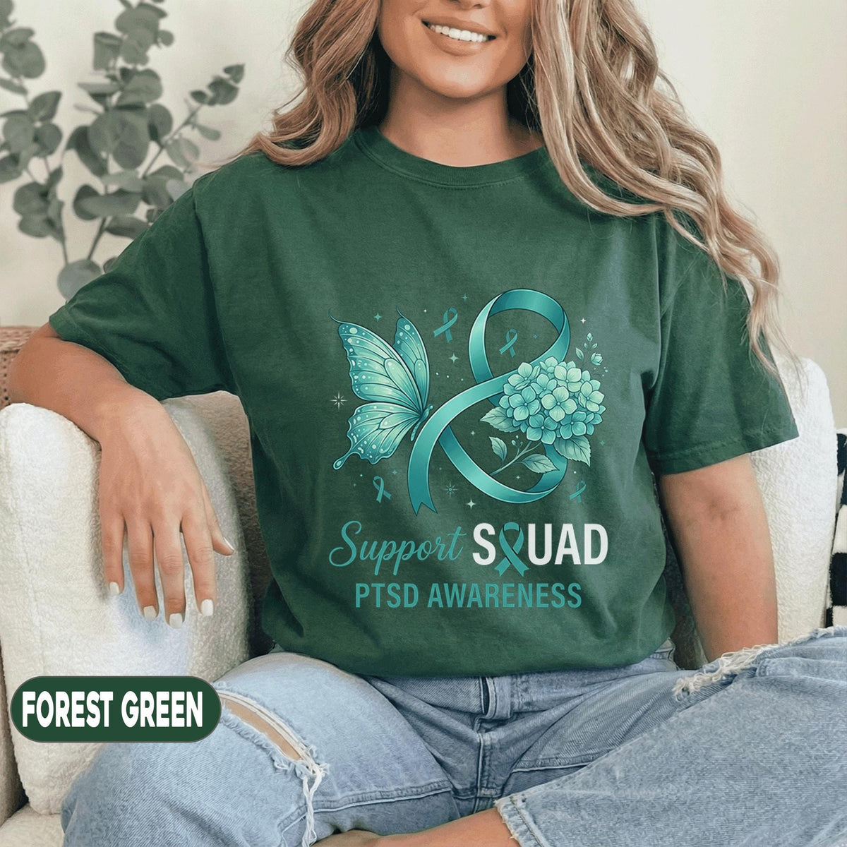 PTSD Awareness Support Squad Shirt, Teal Ribbon Butterfly Mental Health T-Shirt, Trauma Survivor Advocate Gift, Hydrangea Tee