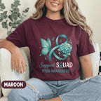PTSD Awareness Support Squad Shirt, Teal Ribbon Butterfly Mental Health T-Shirt, Trauma Survivor Advocate Gift, Hydrangea Tee