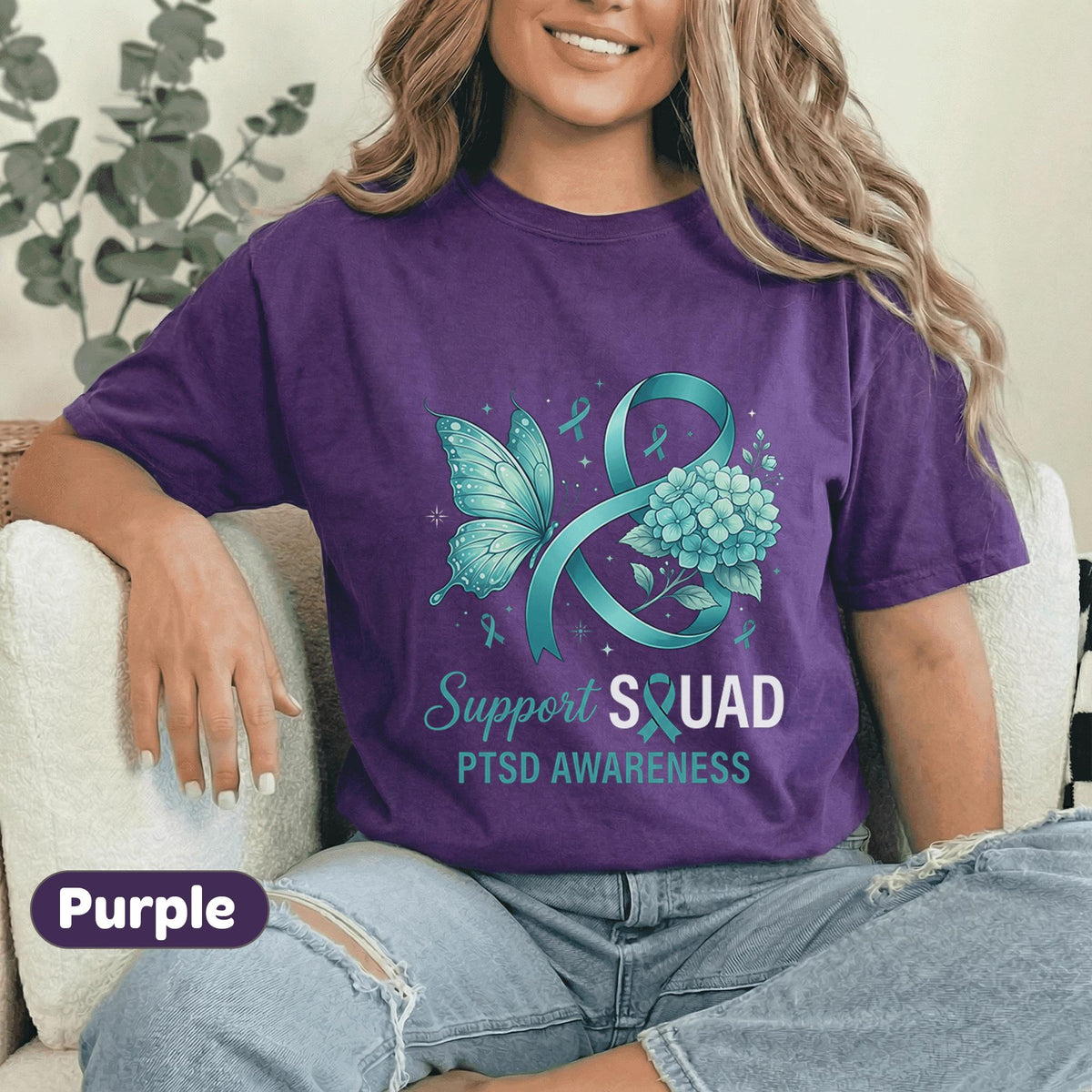 PTSD Awareness Support Squad Shirt, Teal Ribbon Butterfly Mental Health T-Shirt, Trauma Survivor Advocate Gift, Hydrangea Tee