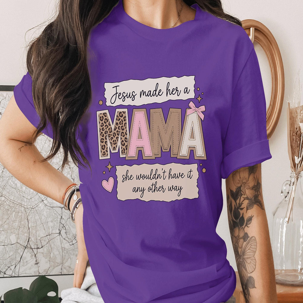Christian Mama Shirt Jesus Made Her A Mama Faith T-Shirt Religious Mom Gift Inspirational Quote Tee Leopard Pink Bow Mothers Day Gifts Idea