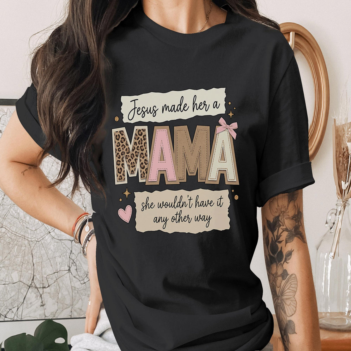 Christian Mama Shirt Jesus Made Her A Mama Faith T-Shirt Religious Mom Gift Inspirational Quote Tee Leopard Pink Bow ...