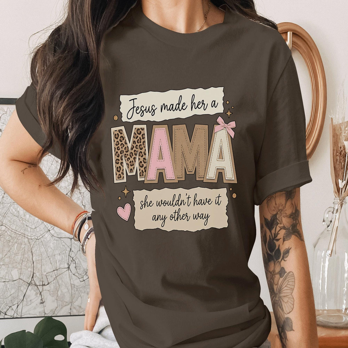 Christian Mama Shirt Jesus Made Her A Mama Faith T-Shirt Religious Mom Gift Inspirational Quote Tee Leopard Pink Bow Mothers Day Gifts Idea
