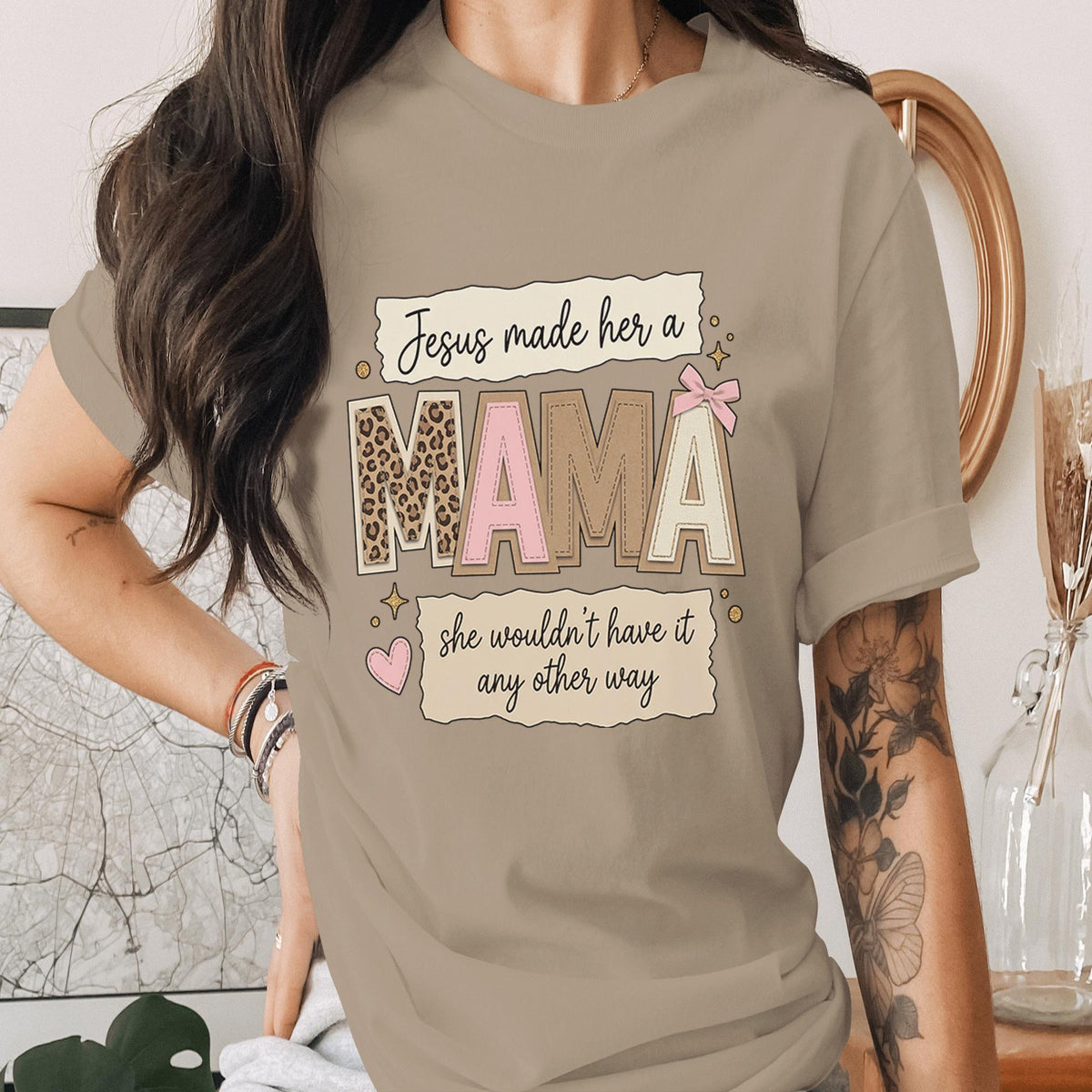 Christian Mama Shirt Jesus Made Her A Mama Faith T-Shirt Religious Mom Gift Inspirational Quote Tee Leopard Pink Bow Mothers Day Gifts Idea