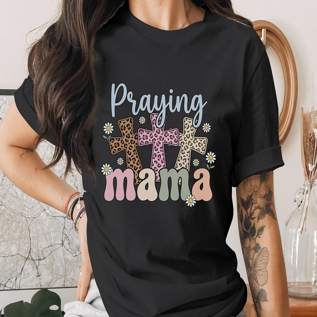Praying Mama Shirt Christian Mom Tee Faith Cross T-Shirt Religious Gift Mothers Floral Daisy Leopard Cross Cute Mom Mothers Day Gifts Idea