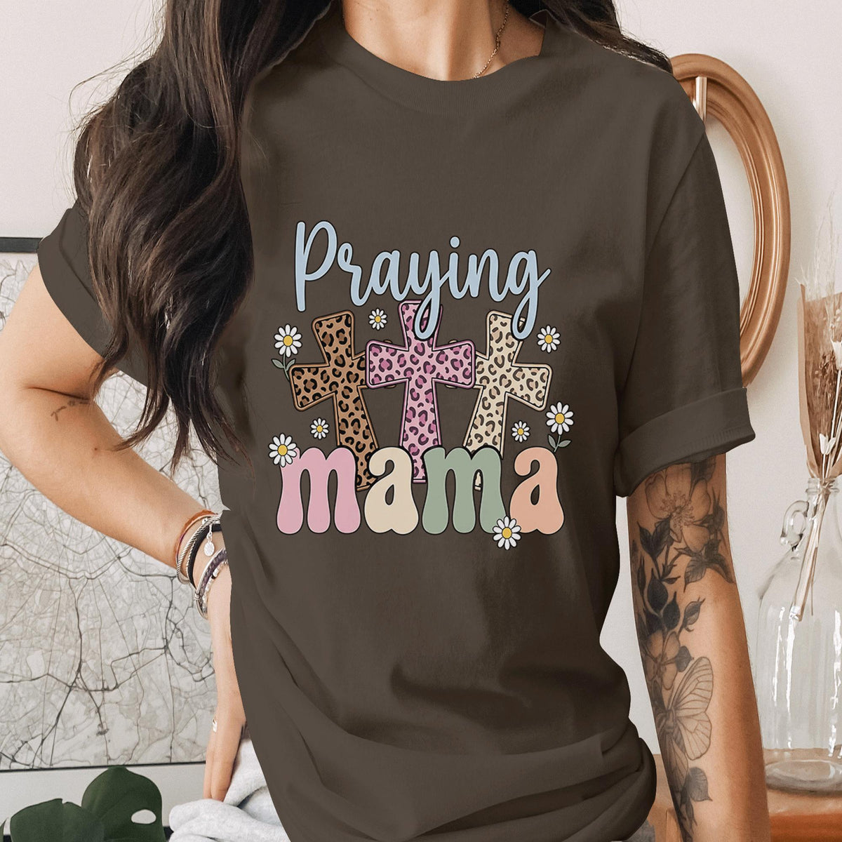 Praying Mama Shirt Christian Mom Tee Faith Cross T-Shirt Religious Gift Mothers Floral Daisy Leopard Cross Cute Mom M...