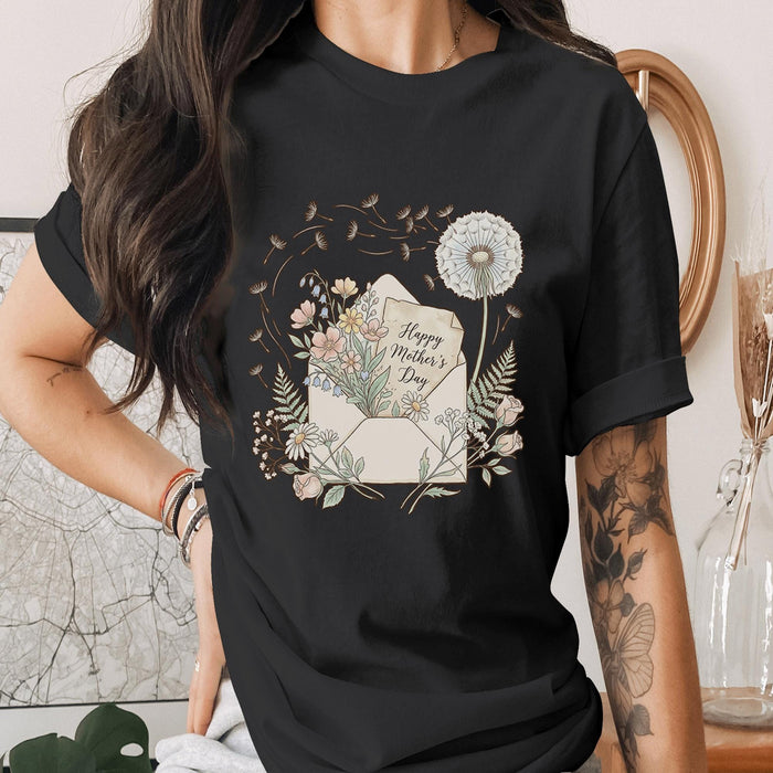 Happy Mothers Day Shirt Floral Envelope T-Shirt Vintage Flower Mom Gift Cute Botanical Tee Dandelion Art Mothers Day ...
