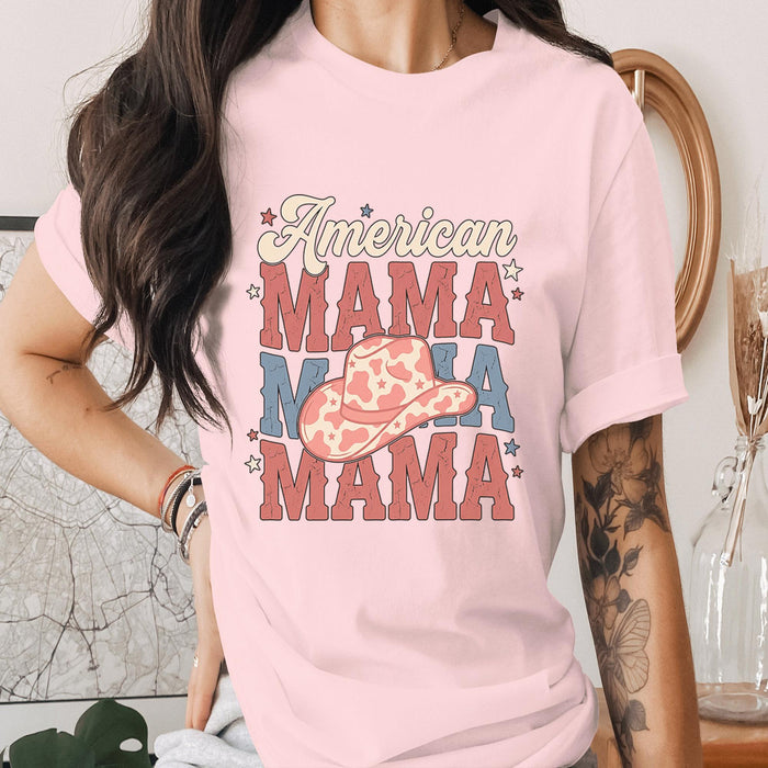 American Mama Shirt Patriotic Mom Tee USA Mama T-Shirt Western Cowboy Hat Mothers Gifts Idea 4th of July Outfit Gift ...