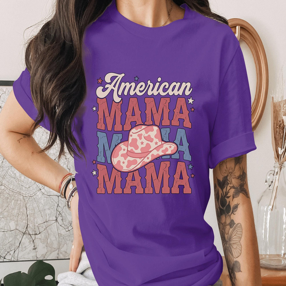 American Mama Shirt Patriotic Mom Tee USA Mama T-Shirt Western Cowboy Hat Mothers Gifts Idea 4th of July Outfit Gift for Mom