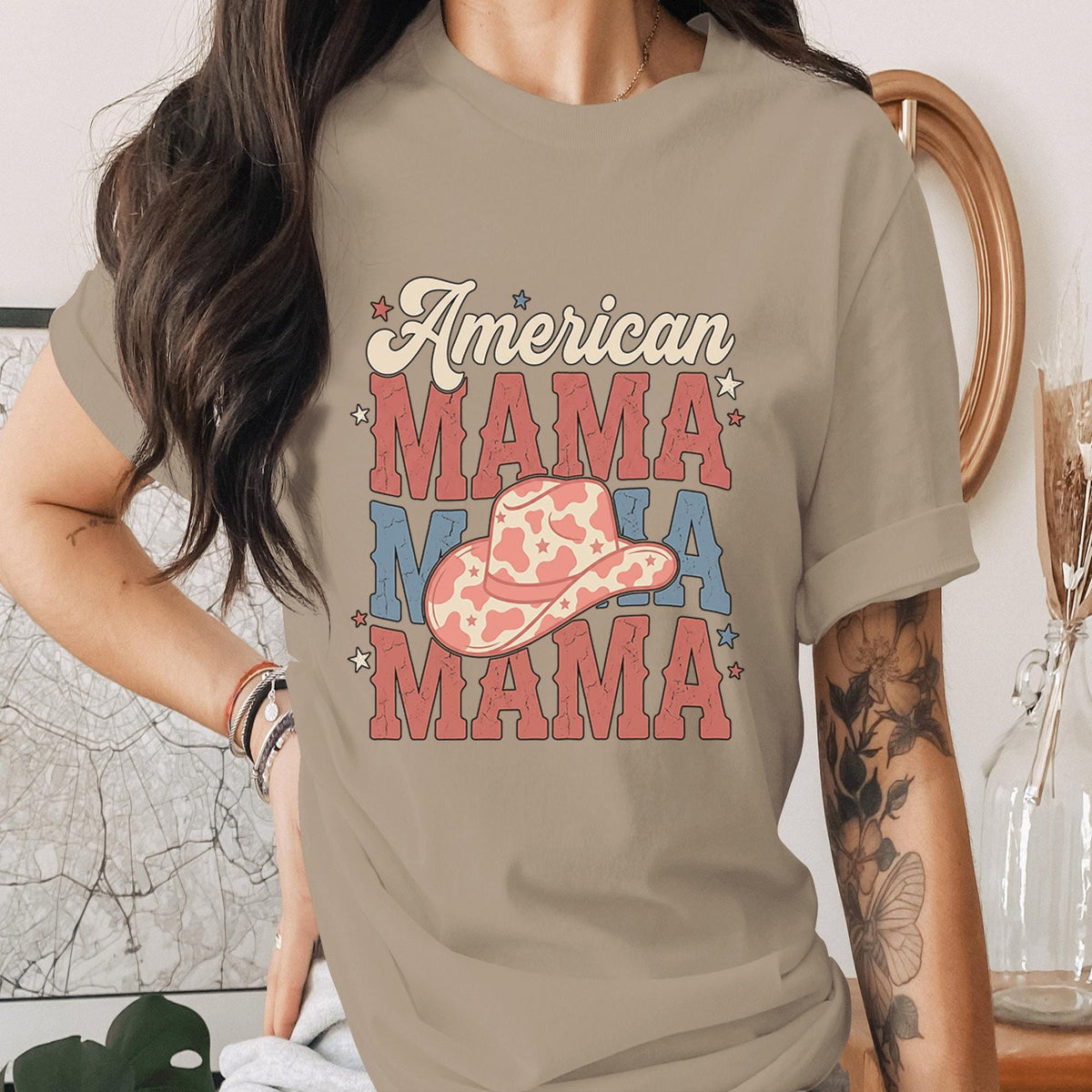 American Mama Shirt Patriotic Mom Tee USA Mama T-Shirt Western Cowboy Hat Mothers Gifts Idea 4th of July Outfit Gift for Mom