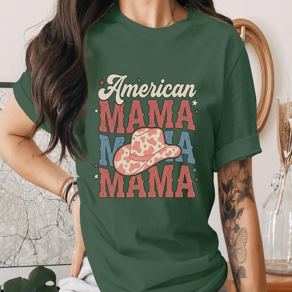 American Mama Shirt Patriotic Mom Tee USA Mama T-Shirt Western Cowboy Hat Mothers Gifts Idea 4th of July Outfit Gift for Mom