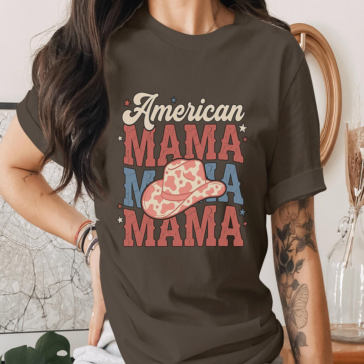 American Mama Shirt Patriotic Mom Tee USA Mama T-Shirt Western Cowboy Hat Mothers Gifts Idea 4th of July Outfit Gift for Mom