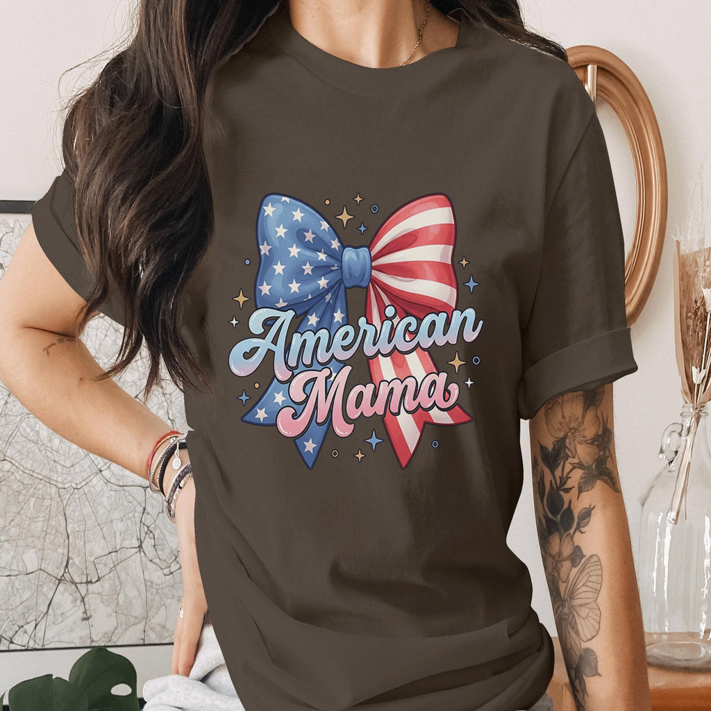 American Mama Bow Shirt Patriotic Mom Tee USA Flag Bow T-Shirt Mothers 4th of July Outfit Cute Independence Day Gift for Mom