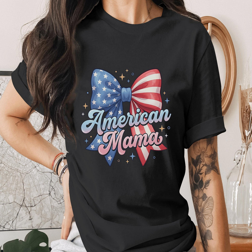 American Mama Bow Shirt Patriotic Mom Tee USA Flag Bow T-Shirt Mothers 4th of July Outfit Cute Independence Day Gift ...