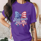 American Mama Bow Shirt Patriotic Mom Tee USA Flag Bow T-Shirt Mothers 4th of July Outfit Cute Independence Day Gift for Mom