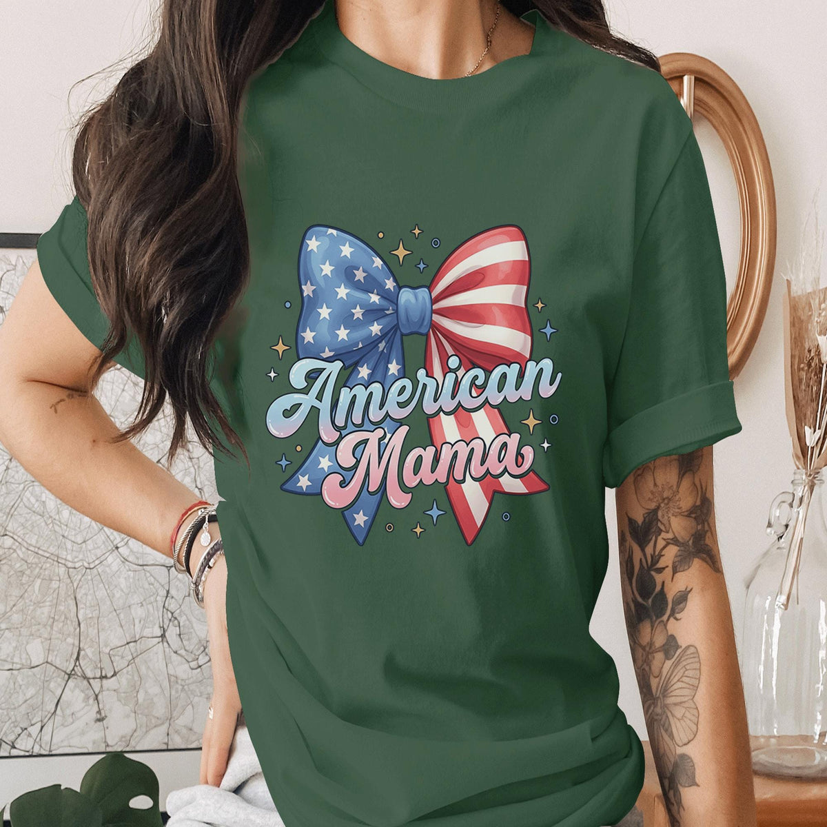 American Mama Bow Shirt Patriotic Mom Tee USA Flag Bow T-Shirt Mothers 4th of July Outfit Cute Independence Day Gift for Mom