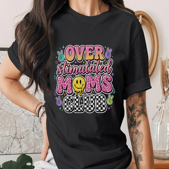 Overstimulated Moms Club Shirt Funny Mom Life Tee Mama T-Shirt Retro Smiley Face Leopard Print Cute Mom Humor Top Mot...