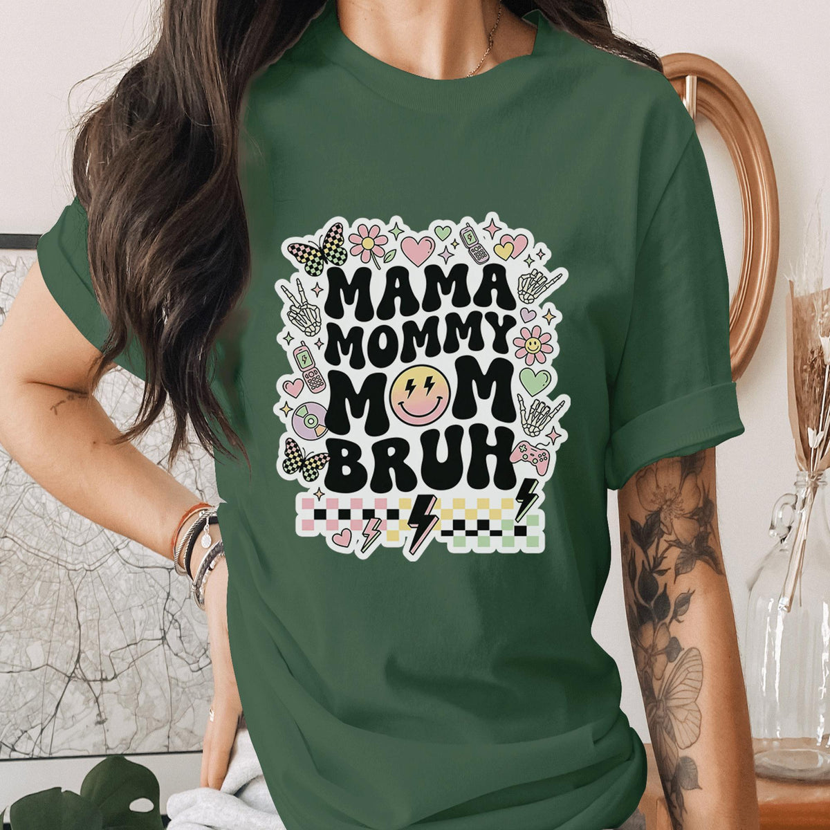 Mama Mommy Mom Bruh Shirt Funny Mom Life Tee Retro Smiley Face Mama T-Shirt Trendy Leopard Checkered Cool Mom Outfit Mothers Day Gifts Idea