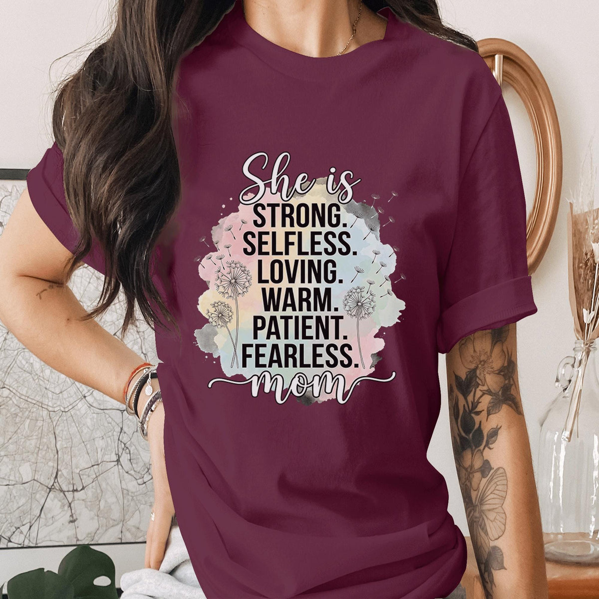 Strong Mom Shirt Inspirational Mother Quote Tee She Is Strong Selfless Loving Patient Fearless Mom T-Shirt Mothers Day Gift Idea Mama Shirt